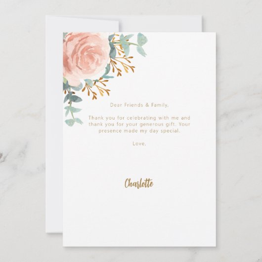 フローラバラ金ゴールドグリーンフォト誕生日 サンキューカード (裏面)