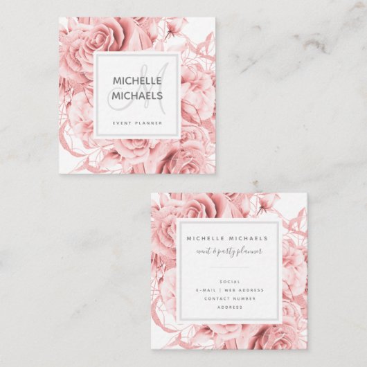 フローラバラ金ゴールドシンプルスクリプトモノグラム スクエア名刺 (正面/裏面)