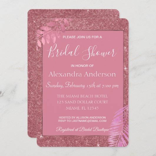 フローラバラ金ゴールドスパークル&グリッターブライダルシャワー 招待状 (正面/裏面)