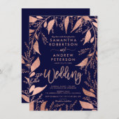 フローラバラ金ゴールドタイポグラフィネイビーブルー結婚シック 招待状 (正面/裏面)