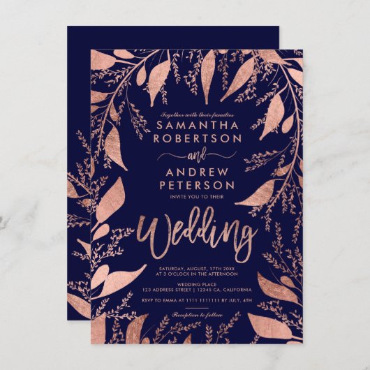 フローラバラ金ゴールドタイポグラフィネイビーブルー結婚シック 招待状 (正面/裏面)