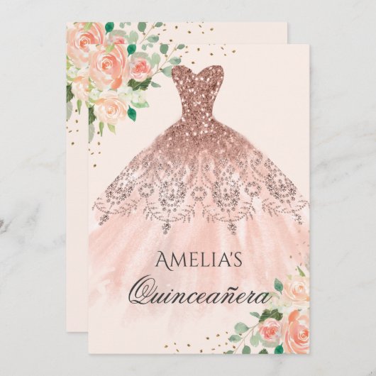 フローラバラ金ゴールドドレススパークルキンセアニェラ 招待状 (正面/裏面)