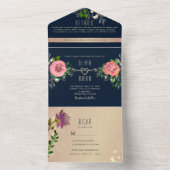 フローラバラ金ゴールドネイビーブルーフォト結婚ズ オールインワン招待状 (内側)