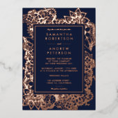 フローラバラ金ゴールドネイビー結婚ブルー 箔招待状 (正面)