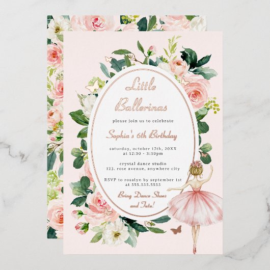 フローラバラ金ゴールドバタフライバレリーナ子供の誕生日 箔招待状 (正面/裏面)