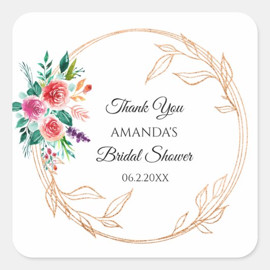 フローラバラ金ゴールドブライダルシャワーピンクホワイト スクエアシール (正面)
