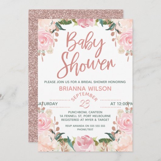 フローラバラ金ゴールドベビーシャワー招待状 招待状 (正面/裏面)