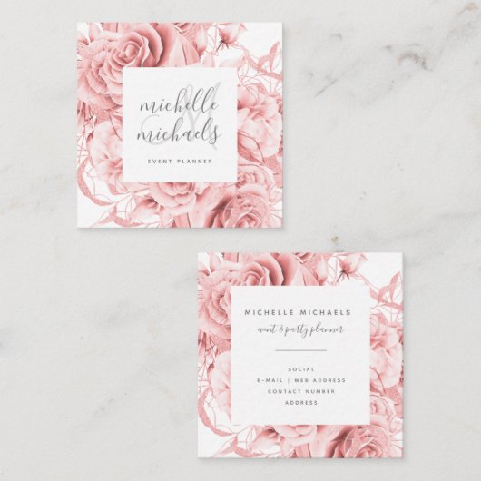 フローラバラ金ゴールドモダンスクリプトモノグラム  スクエア名刺 (正面/裏面)