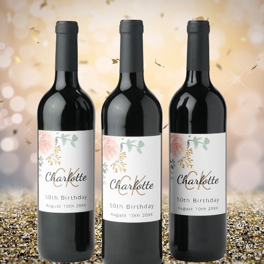 フローラバラ金ゴールドモノグラム誕生日パーティー ワインラベル