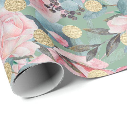 フローラバラ金ゴールド水玉模様ヴィンテージ花柄 ラッピングペーパー (ロールコーナー)