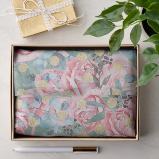 フローラバラ金ゴールド水玉模様ヴィンテージ花柄 薄葉紙 (ギフト)