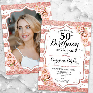フローラバラ金ゴールド白写真第50誕生日 招待状