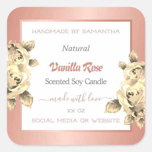 フローラバラ金ゴールド白製品包装ラベル スクエアシール (正面)