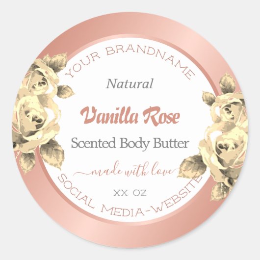 フローラバラ金ゴールド白製品包装ラベル ラウンドシール (正面)