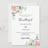 フローラバラ金ゴールド緑QRコード詳細結婚 招待状 (正面)