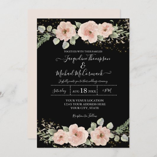 フローラバラBOHO赤面水彩金ゴールドの葉 招待状 (正面/裏面)