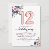 フローラバルーンバラ金ゴールド赤面ネイビー12誕生日 招待状 (正面)