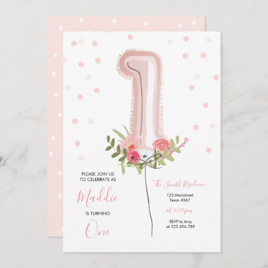 フローラバルーンファースト誕生日招待状ピンクガール 招待状 (正面/裏面)