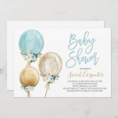 フローラバルーンブルーと金ゴールドの赤ちゃんシャワー少年の元気 招待状 (正面/裏面)