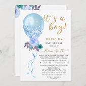 フローラバルーンブルーグリッターベビーシャワー 招待状 (正面/裏面)