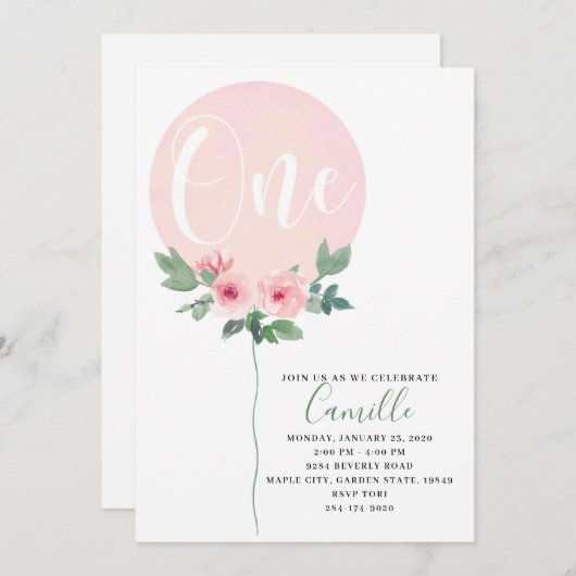 フローラバルーン誕生日ガール招待状 招待状 (正面/裏面)