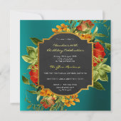 フローラバロック誕生日金ゴールドフレームトロピカルティール(緑がかった色) 招待状 (正面)