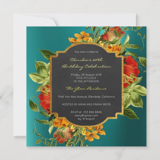 フローラバロック誕生日金ゴールドフレームトロピカルティール（緑がかった色） 招待状 (正面)