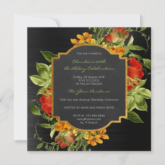 フローラバロック誕生日金ゴールドフレームブラックグレームレッド 招待状 (正面)
