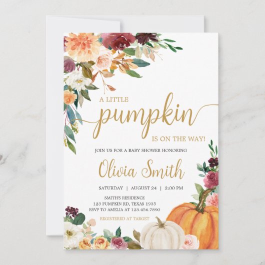 フローラバーガンディーカボチャ赤ちゃんシャワー 招待状 (正面)