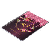 フローラバーガンディーピンクグリッタードリップスネームモノグラム ノートブック (左側)