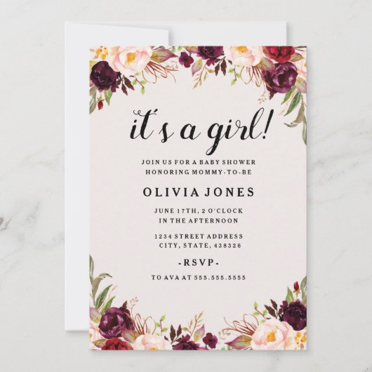 フローラバーガンディーピンクベビーシャワー招待状 招待状 (正面)