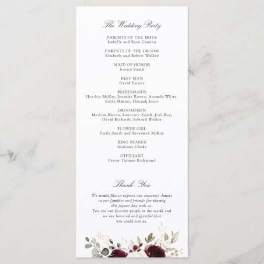 フローラバーガンディーホワイトグリーン結婚式 プログラム (裏面)