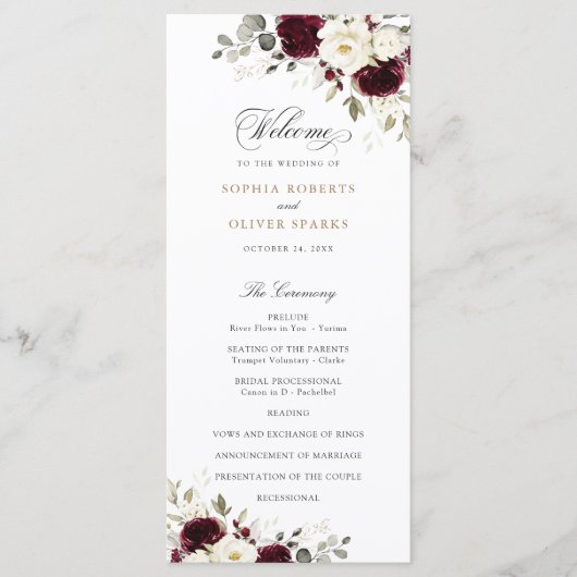 フローラバーガンディーホワイトグリーン結婚式 プログラム (正面)