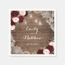 フローラバーグンディ素朴ウッドレースのストリングライト スタンダードカクテルナプキン