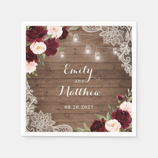 フローラバーグンディ素朴ウッドレースのストリングライト スタンダードカクテルナプキン (正面)