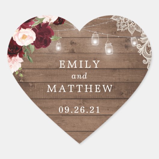 フローラバーグンディ素朴ウッドレースのストリングライト ハートシール (正面)