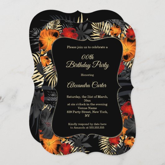 フローラバースデーパーティードレッドオレンジブラックハイビスカス 招待状 (正面/裏面)