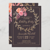 フローラバースデーパーティーピンクブルガンディーオン石板グレー 招待状 (正面/裏面)