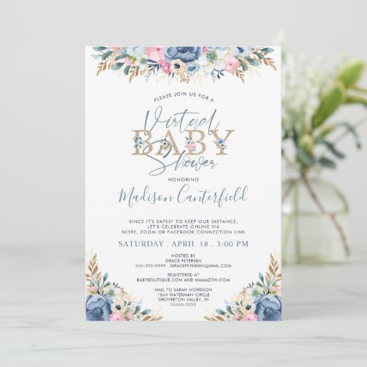 フローラバーチャルベビーシャワーネイビーブルーティール(緑がかった色)金ゴールド 招待状 (スタンド正面)