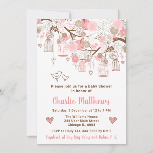 フローラバードケイズピンクベビーシャワー 招待状 (正面)