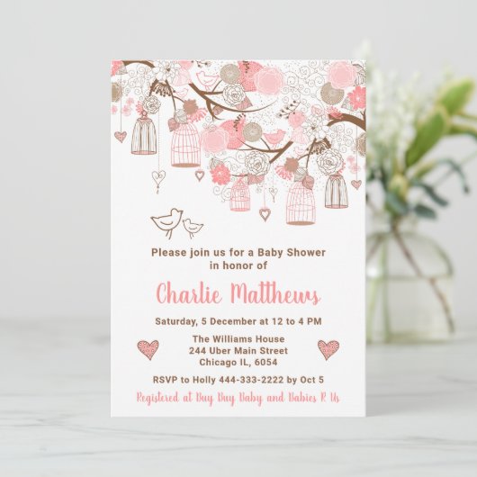 フローラバードケイズピンクベビーシャワー 招待状 (スタンド正面)