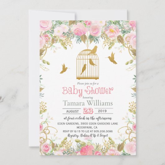 フローラバードケージベビーシャワー招待状 招待状 (正面)