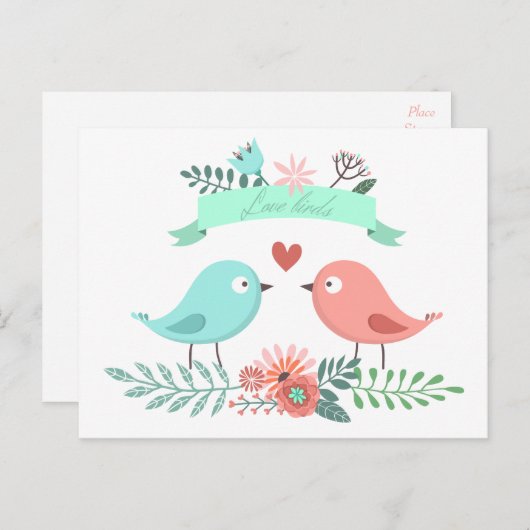 フローラバードブルーとピンクの花結婚の ポストカード (正面/裏面)