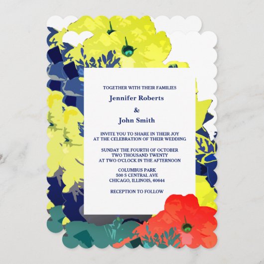 フローラバーンドオレンジイエローネイビーブルーグリーン結婚ズ 招待状 (正面/裏面)