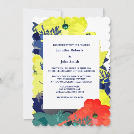 フローラバーンドオレンジイエローネイビーブルーグリーン結婚ズ 招待状 (正面)