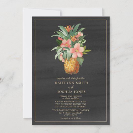 フローラパイナップルグレイ結婚トロピカル 招待状 (正面)