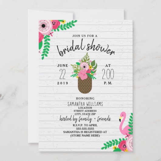 フローラパイナップルフラミンゴブライダルシャワー 招待状 (正面)