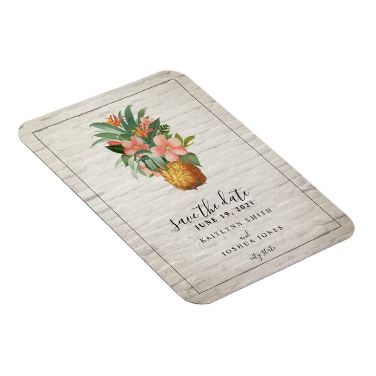 フローラパイナップルブリック結婚式の日付を保存 マグネット (右側)