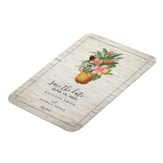 フローラパイナップルブリック結婚式の日付を保存 マグネット (左側)