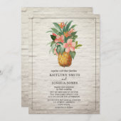 フローラパイナップルホワイトブリック結婚トロピカル 招待状 (正面/裏面)